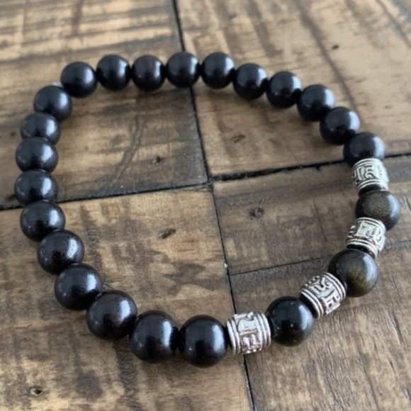 8mm Black Gold Obsidian & Wood Bracelet - Picture 3 of 5